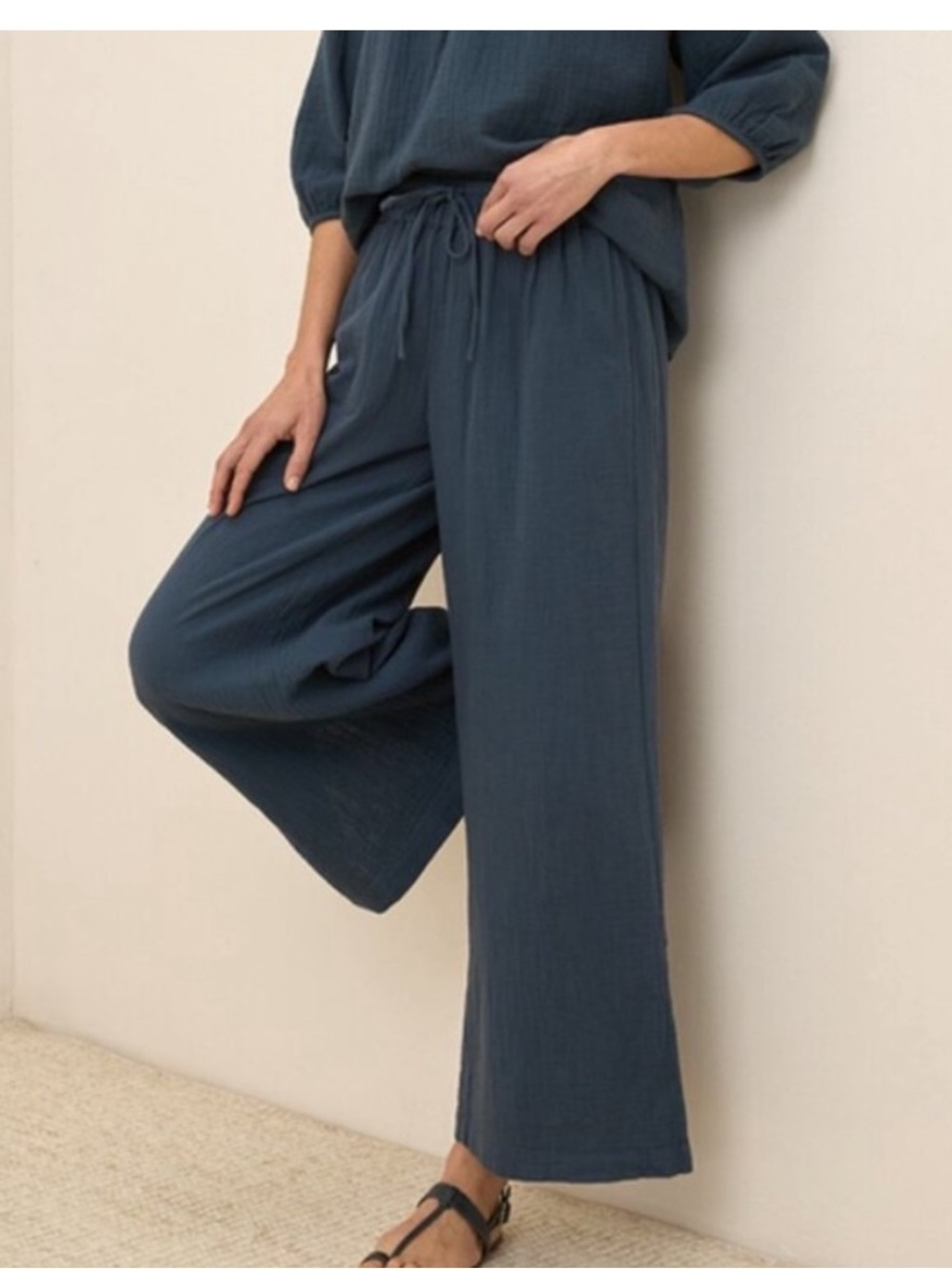 Pact Coastal Double Gauze Split Hem Wide Leg Pant in French Navy